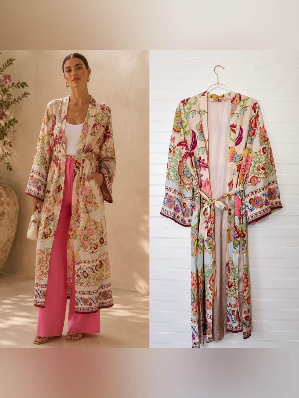 Zara Satin Multicolored Pink Botanical Belted Kimono Belted Robe Dress Small
